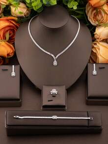1 Set Luxury Elegant Cubic Zirconia Inlaid Rectangular Jewelry Set, Suitable For Women's Wedding Party Wear, Includes 1 Pair Earrings, 1 Necklace, 1 Bracelet, 1 Ring (Excluding Gift Box) - Silver - View 2