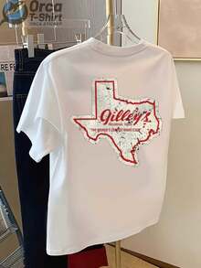 Vintage Casual Style Short-Sleeved T-Shirt, With A Print On The Front And Back, Featuring A Map Of Texas And The Word "Gilley's", Suitable For Everyday Summer Wear, Ideal As A Gift For Couples And Friends. - 白色 - 查看 3