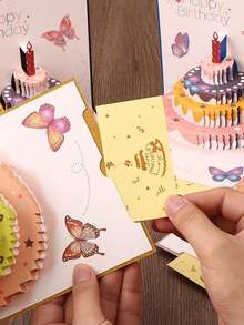 1Pc 3D Pop Up Birthday Greeting Card, Letter Gift Box Butterfly Floral Design With Envelope For Birthday Mother's Day Party Gift - Multicolor - View 2