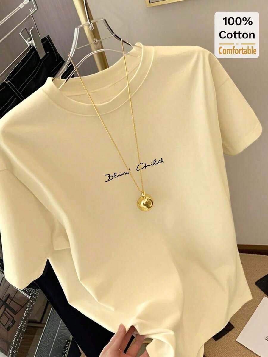Nueva camiseta de mujer de longitud media con estampado inglés blanco puro, estilo casual de verano, camiseta base con diseño moderno. # 3333 Camiseta Casual de Verano Estilo Vintage Urbano Unisex de Algodón Holgada de Manga Corta con Cuello Redondo - Albaricoque - Ver 1