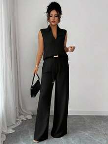 Set de 2 piezas de top sin mangas de cuello en V y pantalones rectos con decoración de cinturón holgado, de estilo casual y versátil para mujer, para primavera/verano - Negro - Ver 6