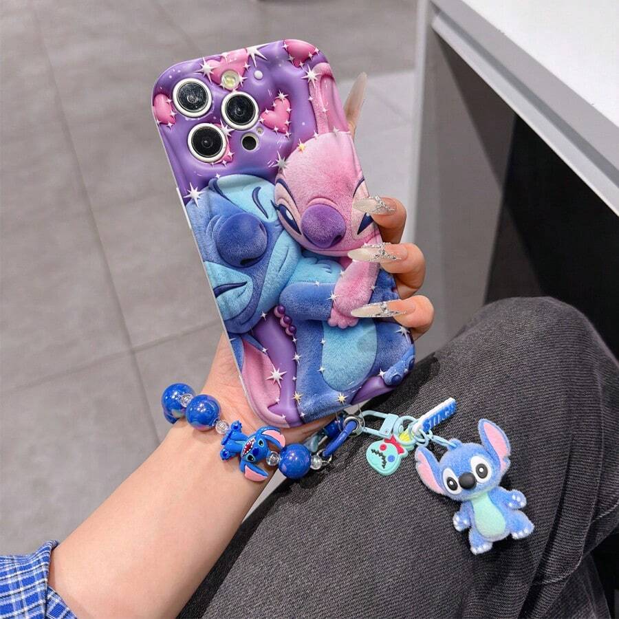 Disney Lilo & Stitch Phone Case With Stitch And Angel Charm And Stitch Lanyard - Cute Stitch And Angel Protective Case With Hugging Pose And Purple Background Design, Equipped With Delicate Stitch Decorative Lanyard And Beaded Bracelet For Easy Carrying, Compatible With IPhone 17, 16, 15, 14, 13, 12, 11 Pro Series, Ideal For Birthdays, Holidays, Anniversaries, Graduation Gifts, Or Any Special Occasion To Surprise Family, Friends, Classmates, And Loved Ones. - 白色 - 查看 1
