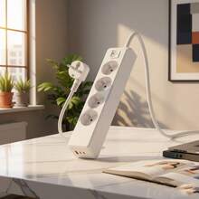 KLACK Alargador 4 Tomas y 3 Entradas USB Tipo C y A – Regleta Estilizada con Protección Integrada para Dispositivos, Ideal para Oficina y Dormitorio - Enchufe EU Tipo E(220-240V) - Ver 2