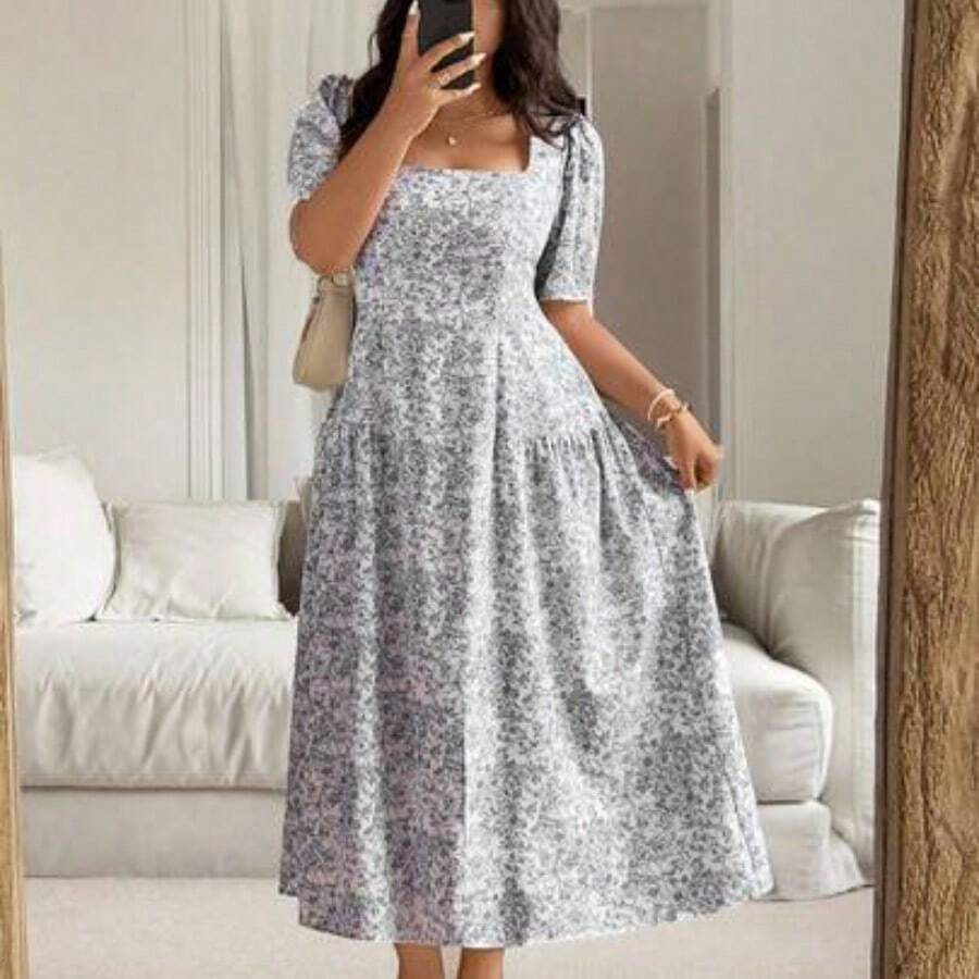 Plus Size Women's Spring/Summer French Chic Elegant Commuting Casual Beach Holiday Blue & White Floral Square Neck Cinched Waist Ruched A-Line Maxi Dress - Negro - Ver 1