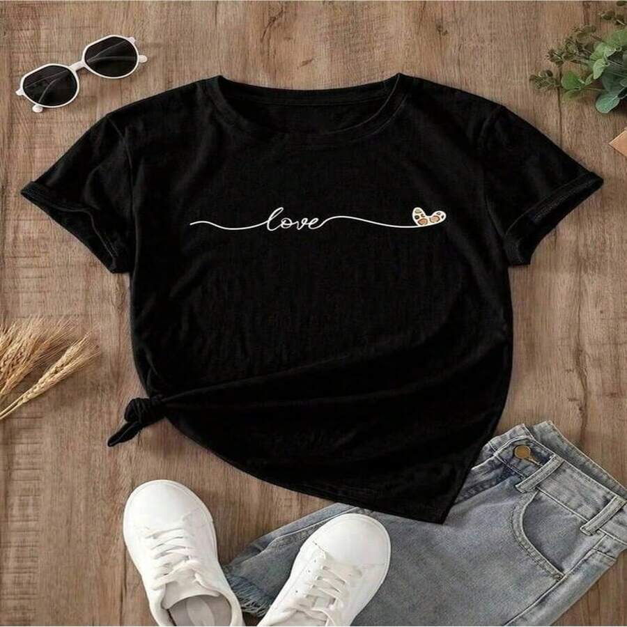 Womens Black Cotton Short Sleeve Round Neck Love Graphic Tee Casual Summer Top - Negro - Ver 1