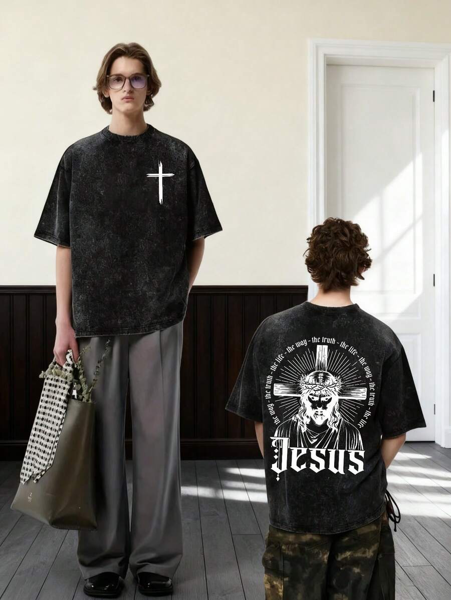 Camiseta retro con citas bíblicas cristianas de fe para hombres y mujeres, ropa elegante de manga corta, casual y holgada-Vintage Street Style Unisex Loose Cotton Short Sleeve Crew Neck T-Shirt - Negro - Ver 1