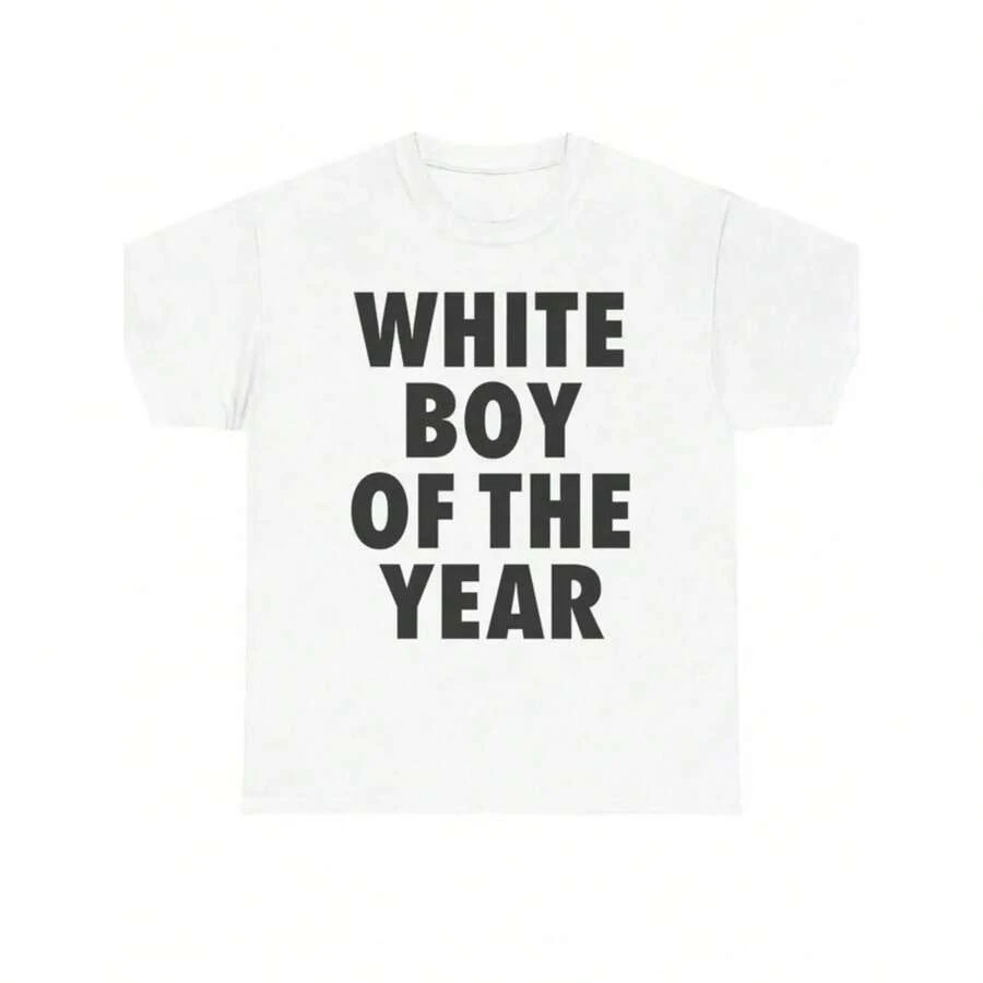 WHITE BOY OF THE YEAR Printed Cotton T-Shirts, Retro Style, Casual, Streetwear, Vintage, Fashion, Loose Fit, Cotton, Unisex. - 白色 - 查看 1