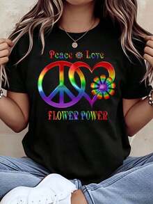 Camiseta Casual para Mujer con Estampado Gráfico de Paz, Amor, Flower Power, Arcoíris, Símbolo de la Paz y Margaritas para Festival Hippie, Ropa de Verano, 220g - Negro - Ver 2