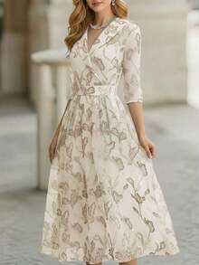 Vestido formal largo con estampado de hojas elegante para mujer, primavera/otoño - Multicolor - Ver 5