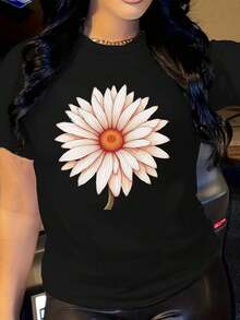 Camiseta Casual de Manga Corta para Mujer - Estampado Floral de Margaritas en Encaje Negro, 100% Algodón, Cuello Redondo, Transpirable, para Uso Diario en Primavera y Verano, Lavable a Máquina, Corte Regular - Negro - Ver 6