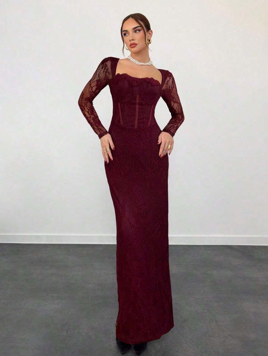 Vestido negro ajustado hasta el suelo con cuello corsé ahuecado y mangas largas con encaje en forma de S sexy para mujer para fiestas, citas y banquetes de otoño/invierno nuevo - Burdeos - Ver 1