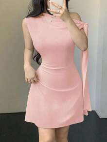 Vestido corto asimétrico con nudo en la cintura para mujer - Albaricoque - Ver 9