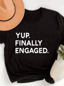 Women's Casual Wear "YUP." T-Shirt With "FINALLY CONGRATULATIONS" Print - White With Black Lettering, Crew Neck, Short Sleeve, Machine Washable, Regular Fit For Casual Wear And Engagement Celebrations, Engagement Party Wear | Lettering On Top | High-Quality Print - Dark Brown - 查看 12