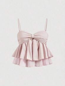 Top de tirantes con volantes y pliegues de color rosa dulce para mujer, top corto de verano - Rosa - Ver 5