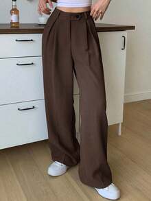 1 pieza Pantalón de vestir de cintura alta con bolsillos en diagonal, atuendo de negocios para mujer - Marrón Chocolate - Ver 6