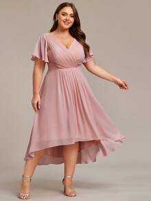 EVERPRETTY Plus Size Elegant Bridesmaid Dress, Deep V-Neck, Ruched Fitted Design, Ruffle Short Sleeves, Asymmetric Knee-Length Hem, Chiffon Fabric, Suitable For Formal Occasions - Rusty Rose - View 3