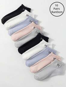 1/10 Pairs Women's Solid Color Bow Lace Trim Ankle Socks Christmas Gift - Multicolor - View 1