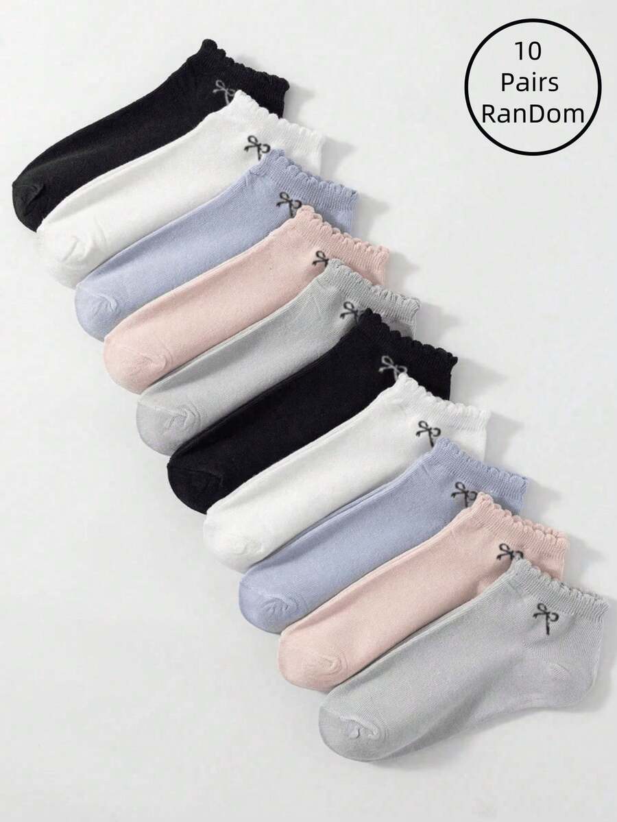 1/10 Pairs Women's Solid Color Bow Lace Trim Ankle Socks Christmas Gift - Multicolor - View 1