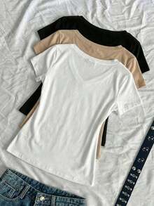 3 piezas Camisetas ajustadas de cuello en V de verano para mujer, camisetas básicas de manga corta de ajuste ceñido de unicolor con estampado de anime de la subcultura punk - Multicolor 3 - Ver 2