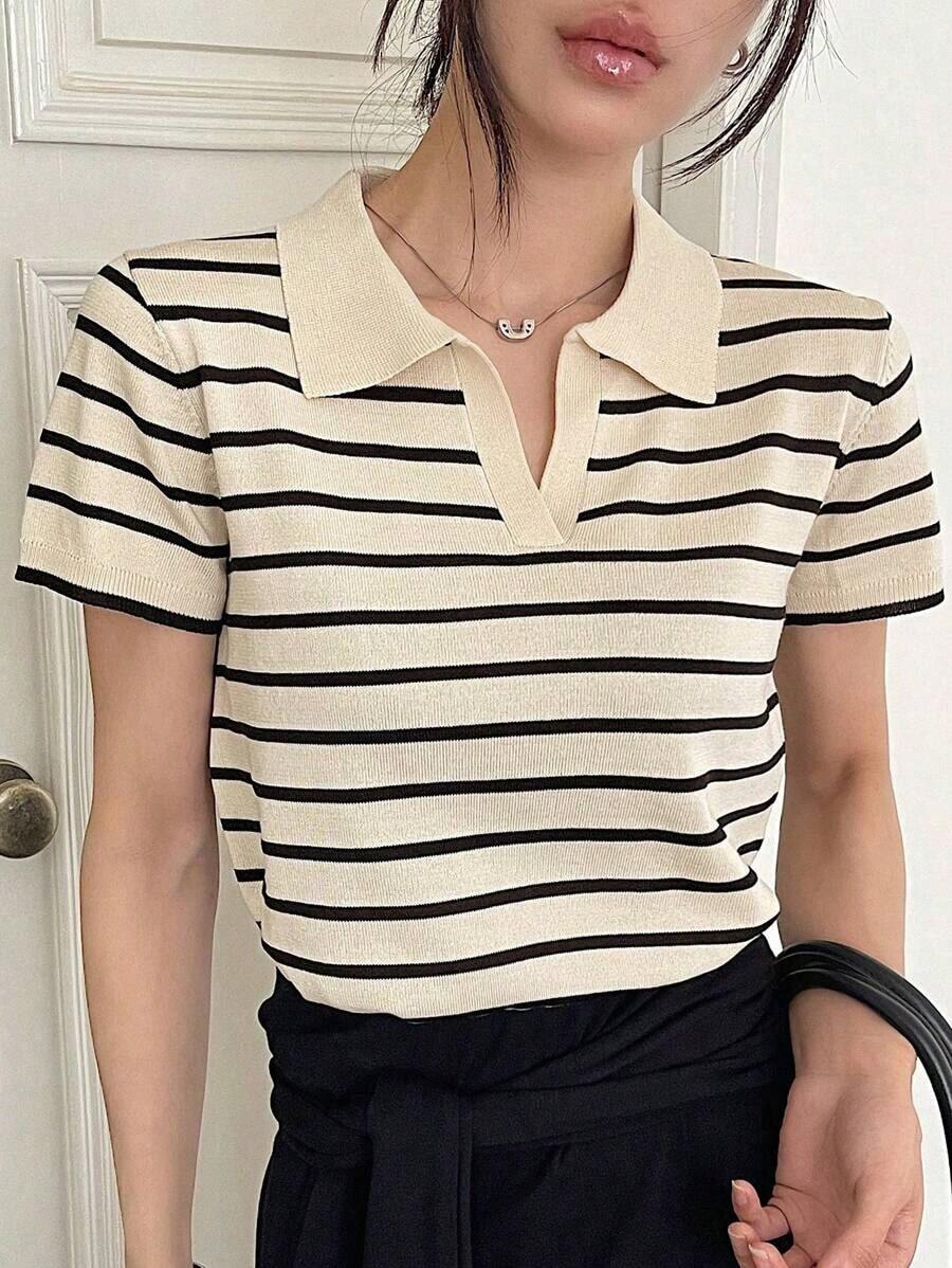 Suéter de mujer con cuello y mangas cortas a rayas para otoño - Albaricoque 2 - Ver 1