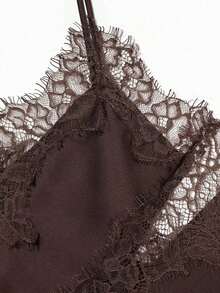 Camiseta de tirantes con decoración de encaje y bajo asimétrico, estilo europeo y americano de moda para mujer, Camellia - Marrón - Ver 5