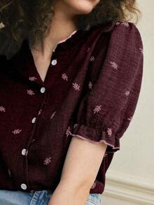 Camisa azul de mujer con cuello con volantes, mangas de pétalos y textura de tela suave, estilo francés casual de vacaciones, primavera/verano - Burdeos - Ver 5