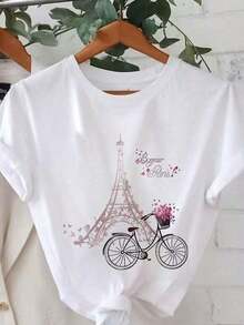 Casual Short Sleeve T-Shirt With Eiffel Tower And Bicycle Print, Plus Size, Romantic, By Bonjour Paris Women's Graphic T-Shirts, For Summer - 白色 - 查看 5