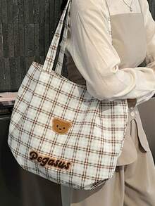 New Plaid Canvas Tote Bag, Large Capacity, Cute Bear Head Embroidery, Versatile Shoulder Bag For Students And Commuting - Multicolor - View 15