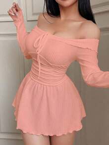 Vestido casual de punto acanalado con hombros descubiertos para mujer, atuendo acogedor, otoño e invierno - Rosa - Ver 1
