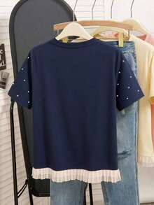 1 pieza Camiseta de moda para mujer con flecos, seda de leche de 180g - Azul marino 2 - Ver 2