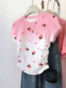 Camiseta ajustada de manga con volantes en degradado con estampado de corazón de fresa y letras, para uso casual, vacaciones y viajes, verano - Rosa - Ver 1