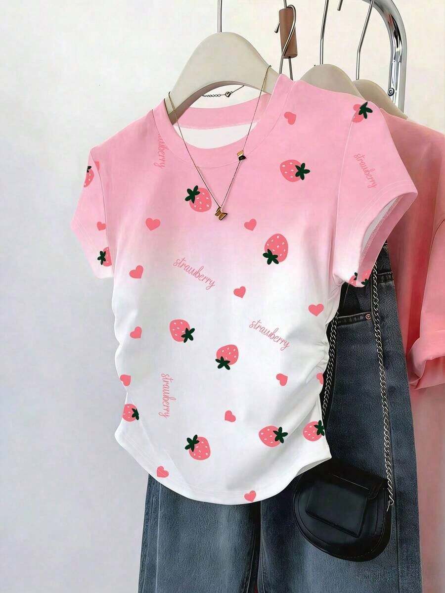Camiseta ajustada de manga con volantes en degradado con estampado de corazón de fresa y letras, para uso casual, vacaciones y viajes, verano - Rosa - Ver 1