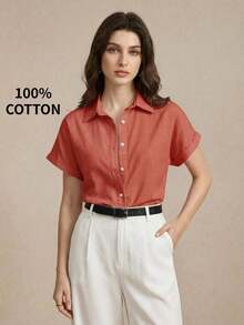 Nueva llegada Camisa casual de manga corta con botones delanteros de unicolor, adecuada para uso diario, primavera/verano - Naranja - Ver 1