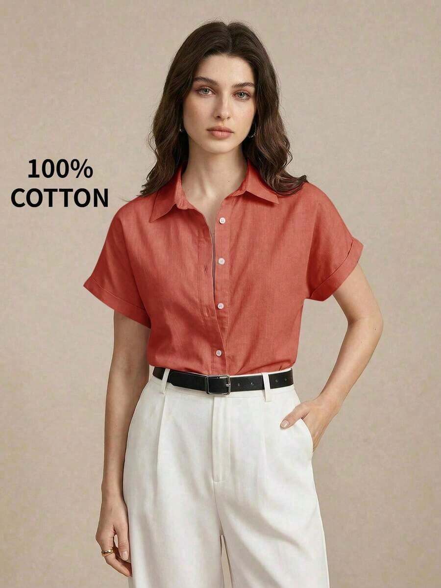 Nueva llegada Camisa casual de manga corta con botones delanteros de unicolor, adecuada para uso diario, primavera/verano - Naranja - Ver 1