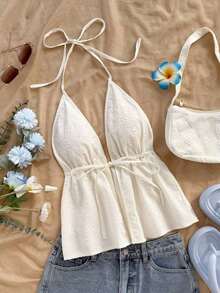 WYWH Top de tirantes blanco con cuello en V, textura de tela y espalda anudada, ideal para mujer en verano para fiestas, vacaciones, citas, San Valentín, tarde de té - Blanco - Ver 7