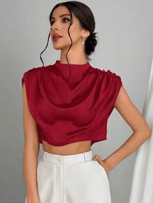Blusa de mujer con cuello mao de unicolor y pliegues, informal y elegante, manga de murciélago fruncida, ajuste regular, top casual de uso diario para primavera/verano - Burdeos 2 - Ver 6
