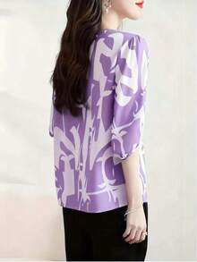 1 pieza Blusa elegante y casual minimalista de mujer con cuello redondo y manga media, con estampado, adecuada para uso diario y vacaciones, primavera/verano/otoño - Morado de taro - Ver 3