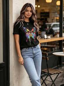 Camiseta de Cuello Redondo para Mujer con Estampado de Mariposas Coloridas, Manga Corta, Estilo Casual de Verano - Negro - Ver 3