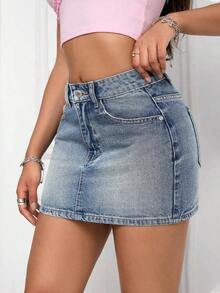Minifalda vaquera casual de uso diario para mujer con bolsillos y botones - Azul lavado medio - Ver 6