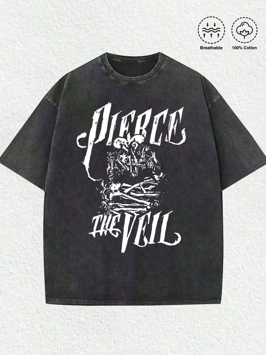 Free Shipping On New Pierce Veil T-Shirts, Versatile 230g Pure Cotton Printed T-Shirts With Letter Pattern, Perfect For A Retro Look, Women's Tops. - Black 2 - 查看 1