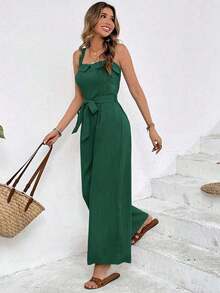 Mono holgado de unicolor y textura casual para mujer, de verano - Verde Oscuro - Ver 1