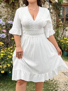 MOOSTA Vestido diario de talla grande para mujer de unicolor y escote en V, para el Año Nuevo, vacaciones y playa - Blanco - Ver 1