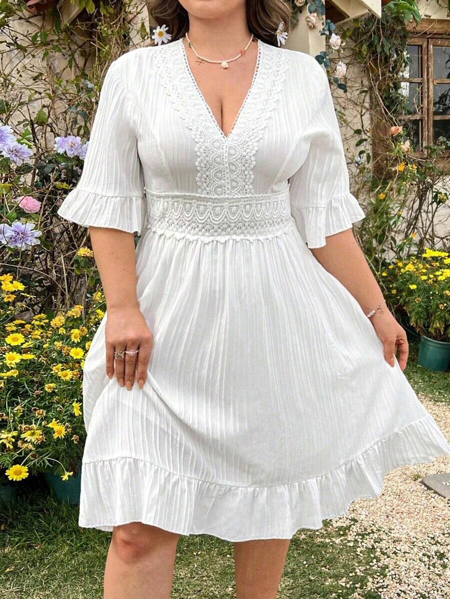 MOOSTA Vestido diario de talla grande para mujer de unicolor y escote en V, para el Año Nuevo, vacaciones y playa - Blanco - Ver 1