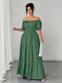 Vestido casual elegante de talla grande para mujer de primavera/verano, en azul sólido de aspecto de mezclilla con cintura fruncida y con abertura lateral - Verde - Ver 6