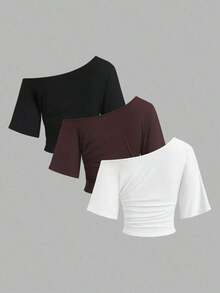Nuevo conjunto de 3 piezas ajustado con hombros descubiertos, estilo sexy europeo y americano. Camiseta de unicolor versátil y casual para mujer, adecuada para primavera/verano, uso diario, ir al trabajo, citas - Multicolor 3 - Ver 2