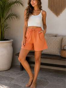 Bermuda ligera mujer short unicolor con costura de contraste, pantalón corto con cintura ajustable dama para vacaciones - Naranja - Ver 2