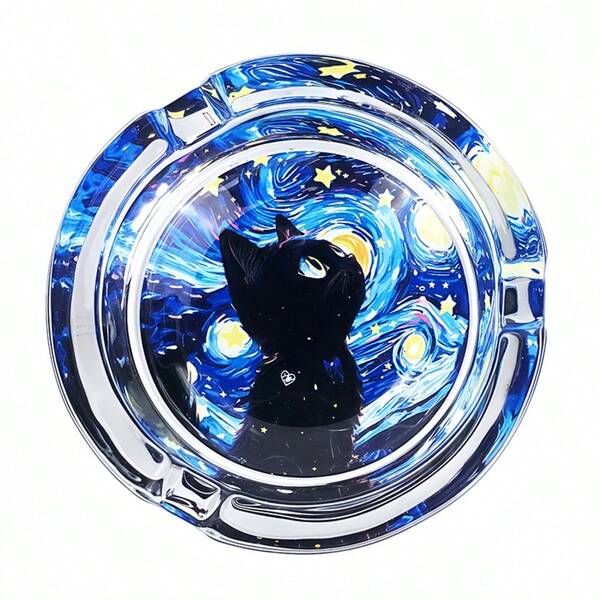3.34-Inch Round Glass Ashtray With Cat In Night Sky Pattern, Decorative Ashtray For Hotel, Bar, Home, Great Gift For Friends