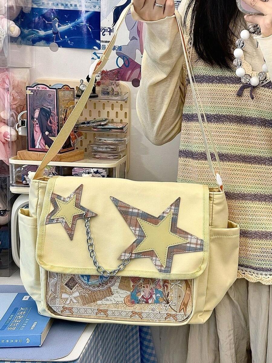 Túi Ita Kawaii bằng nylon, túi đeo chéo có cửa sổ trong suốt, túi Ita tự làm có ngăn trưng bày huy hiệu bằng PVC trong suốt, túi đeo vai họa tiết kẻ caro dễ thương với ngôi sao và chi tiết dây xích, túi trưng bày huy hiệu anime cho nữ sinh, túi đi học hàng ngày, túi xách dành cho người hâm mộ concert. - Màu vàng - Xem 1
