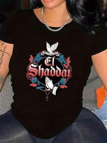 Modern Minimalist Women's T-Shirt With "El Shaddai" Graphic Design - Floral And Angel Motifs, Short Sleeves, Crew Neck, Comfortable Fit For Spring/Summer, Perfect Gift For Women, Casual Tee. | Floral Print Top | Embossed Details, Women's T-Shirts - 黑色 - 查看 7