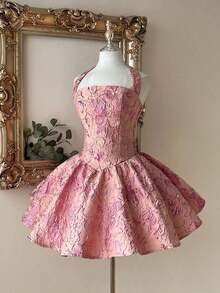 Vestido elegante, romántico y de moda de tela jacquard burdeos con escote halter, espalda descubierta y manga larga en corte evasé, adecuado para ceremonia de graduación, apertura de escuela, festival de música, fiesta de cumpleaños, boda, té de la tarde, baile de graduación - Rosa - Ver 5